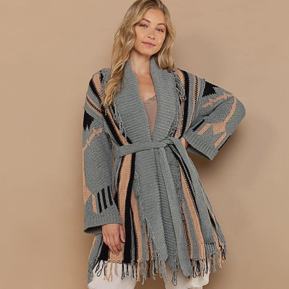 Fringe Open Front Shawl Collar Belted Cardigan Sage, Black, and Tan